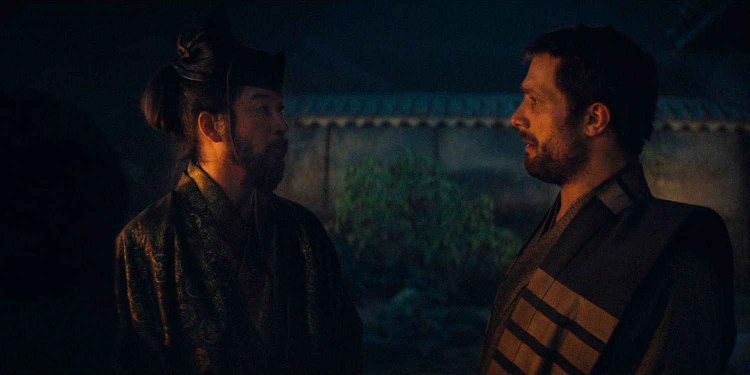 Yabushige e Blackthorne se enfrentam, olhando nos olhos um do outro na 1ª temporada de Shogun, episódio 9 