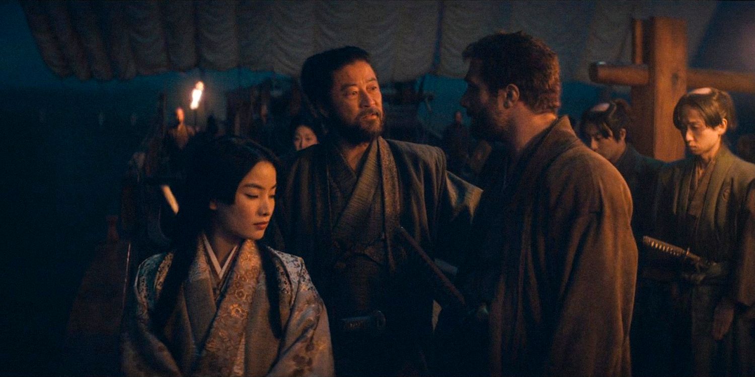 Mariko, Yabushige e Blackthorne em um barco rumo a Osaka na 1ª temporada do Shogun, episódio 9 