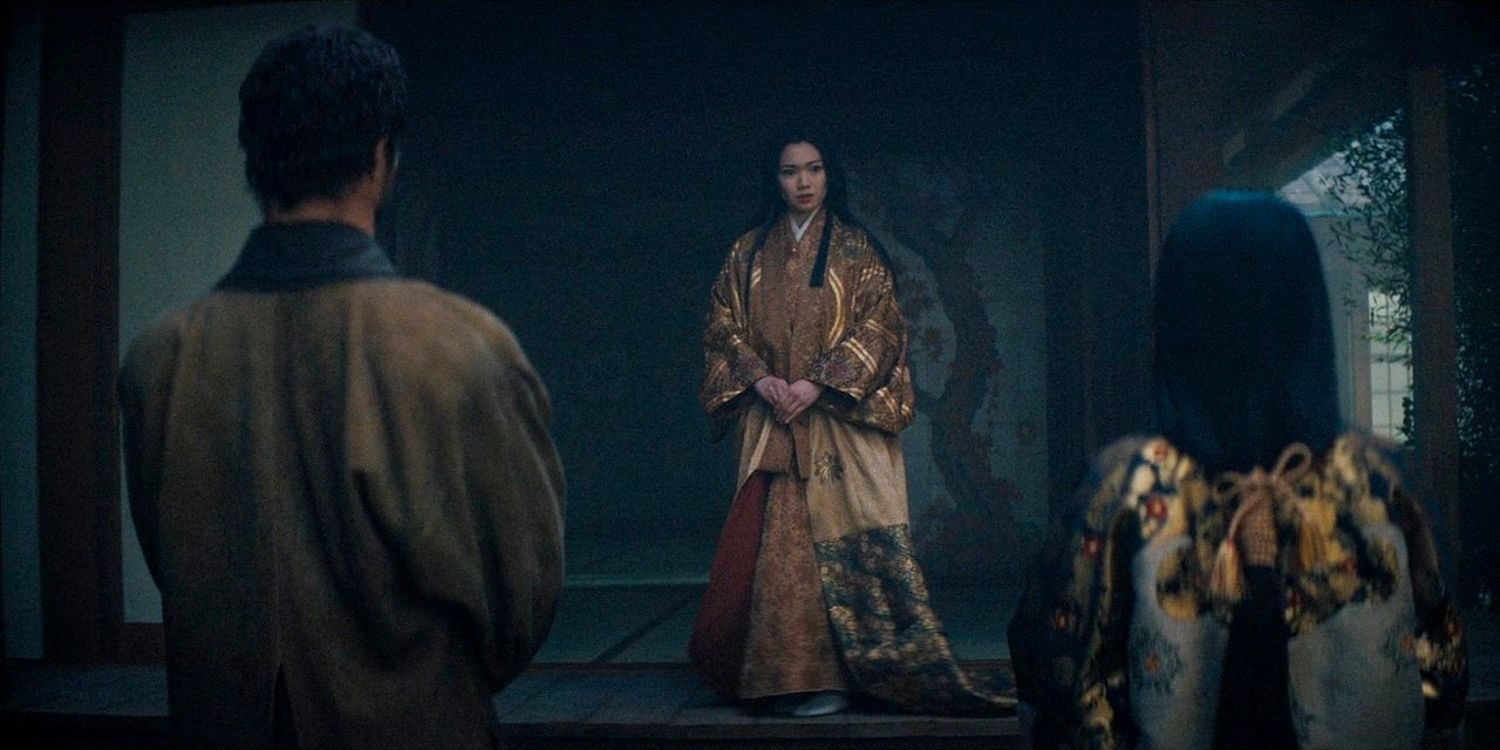 Blackthorne and Mariko stand before Lady Ochiba, responding to her summons in Shogun season 1 Ep 9 