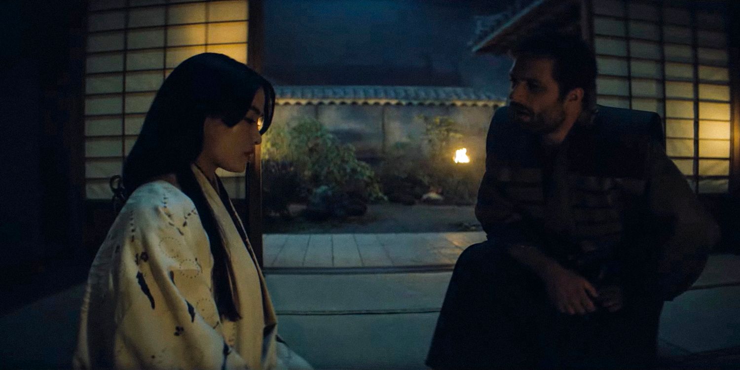 Blackthorne fala com Mariko enquanto ela parece pensativa no trailer do episódio 9 da 1ª temporada de Shogun