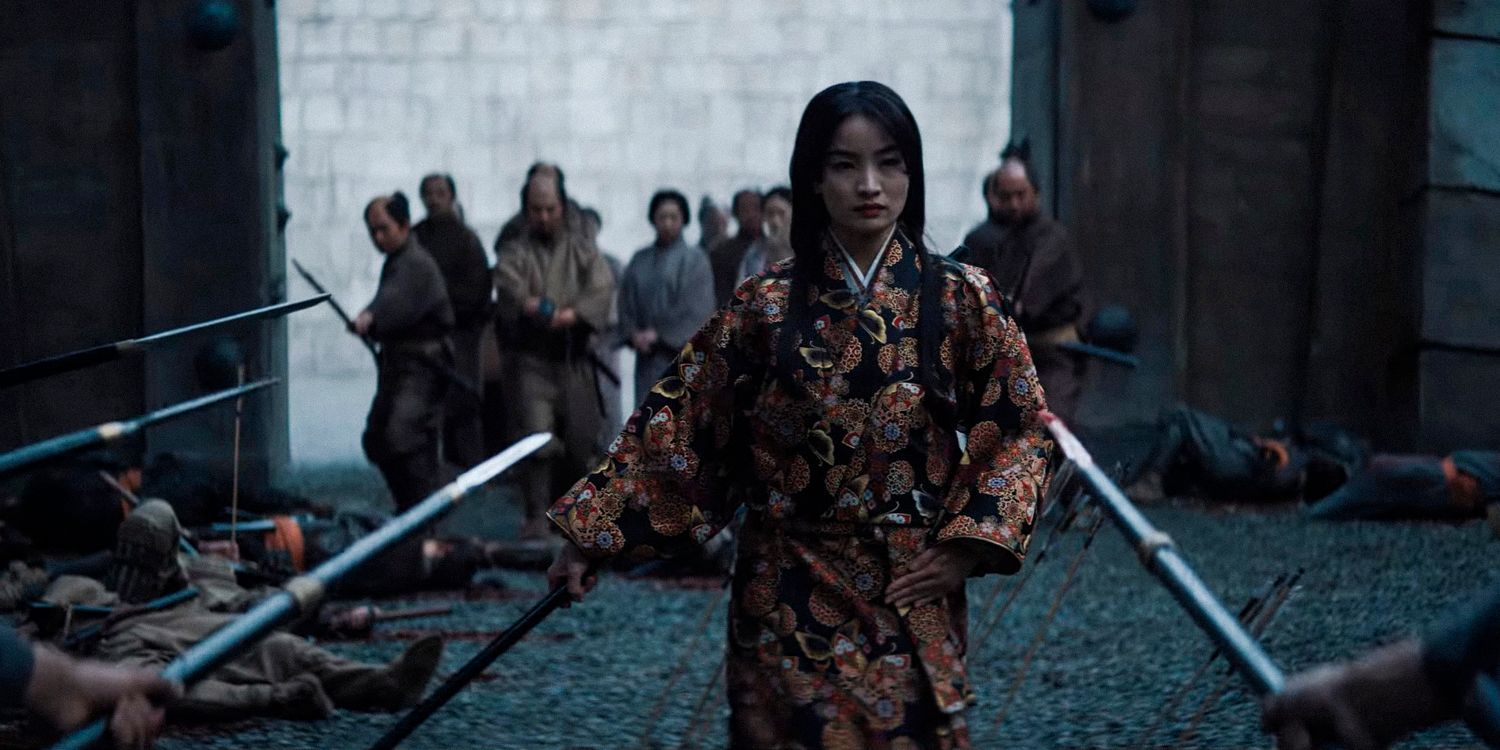 Mariko advances peacefully with a sword in her hand while being threatened by multiple spears in Shogun season 1 ep 9 trailer