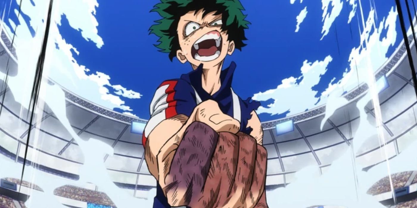 Deku with a wounded arm proclaiming something with deep conviction in the middle of a stadium.