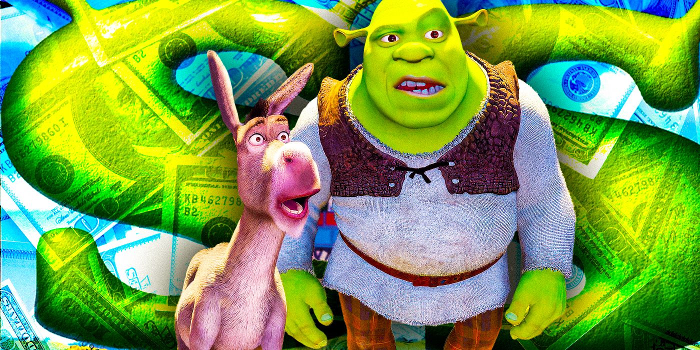 Shrek and Donkey looking confused with money behind them