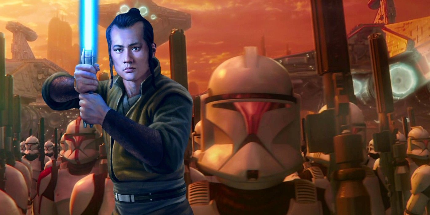 Jedi Master Sifo-Dyas holds his blue lightsaber in front of the clone army from Star Wars: Episode II - Attack of the Clones