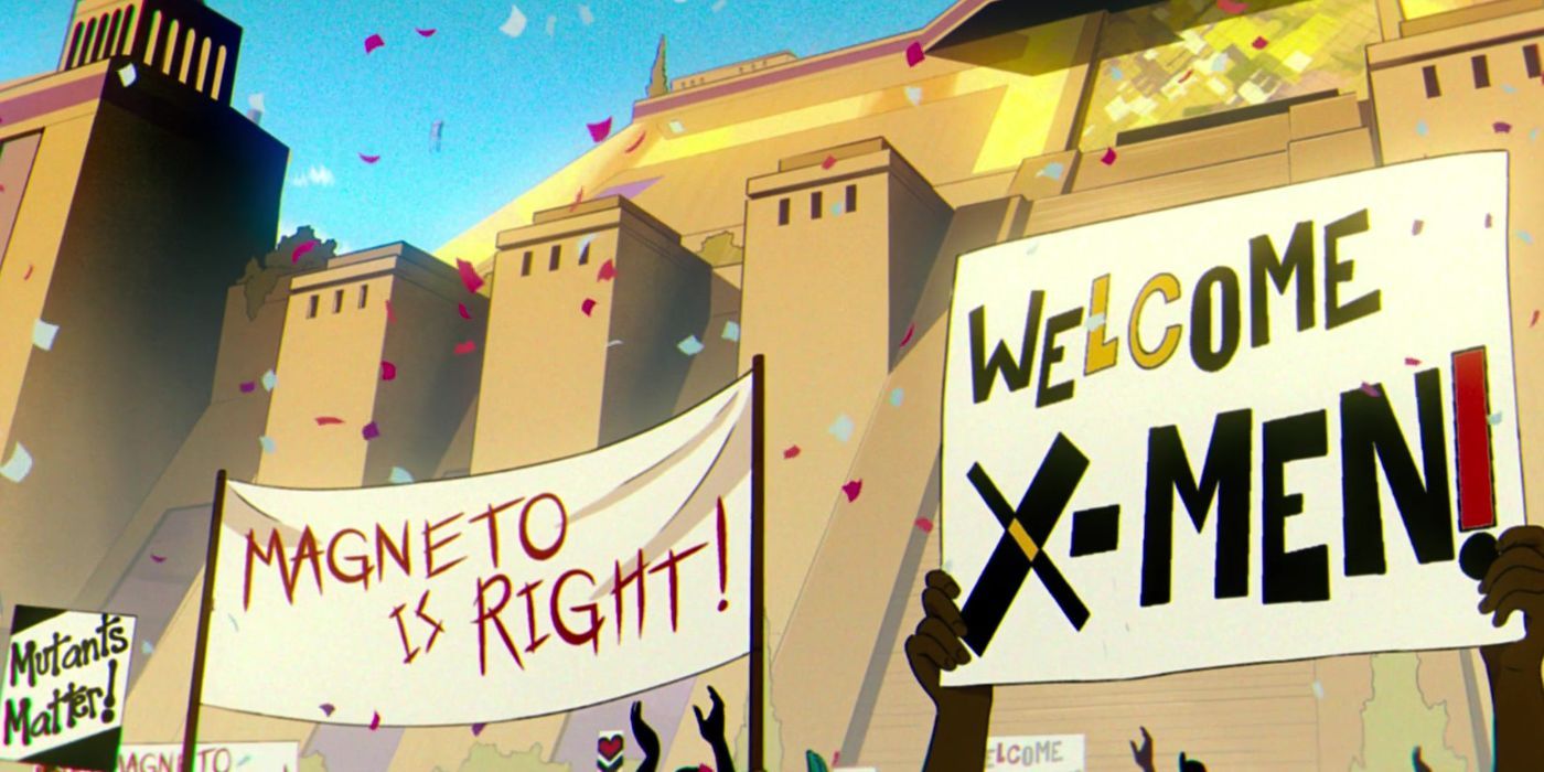 Signs held up by Genoshans in support of the X-Men and mutant rights in X-Men '97, from left to right they read: "Mutants Matter!", "Magneto Is Right!", and "Welcome X-Men!"
