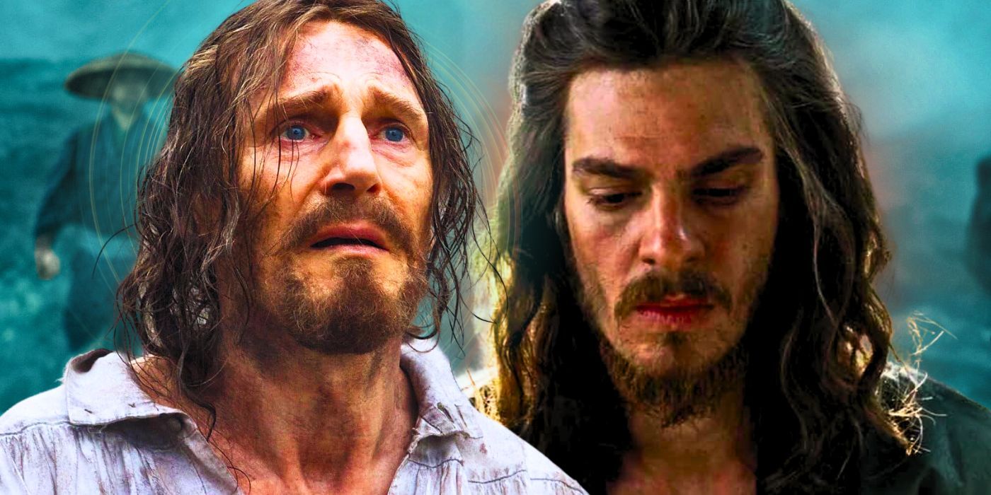 Liam-Neeson as Cristóvão Ferreira & Andrew Garfield as Sebastião Rodrigues in Silence (2016).