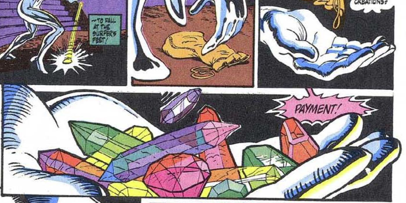 Silver Surfer holding a hand full of gems in Marvel