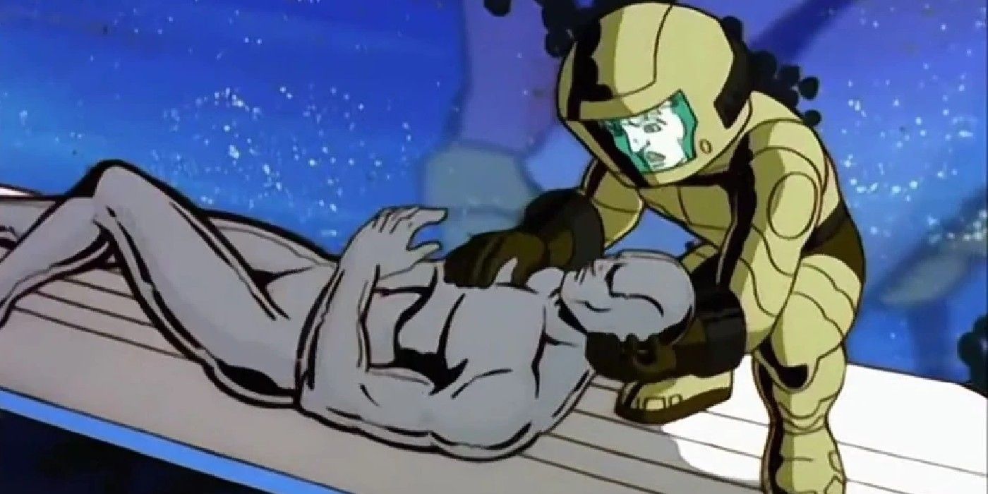 silver surfer, the learning curve, pip cradles an unconcious silver surfer on his board