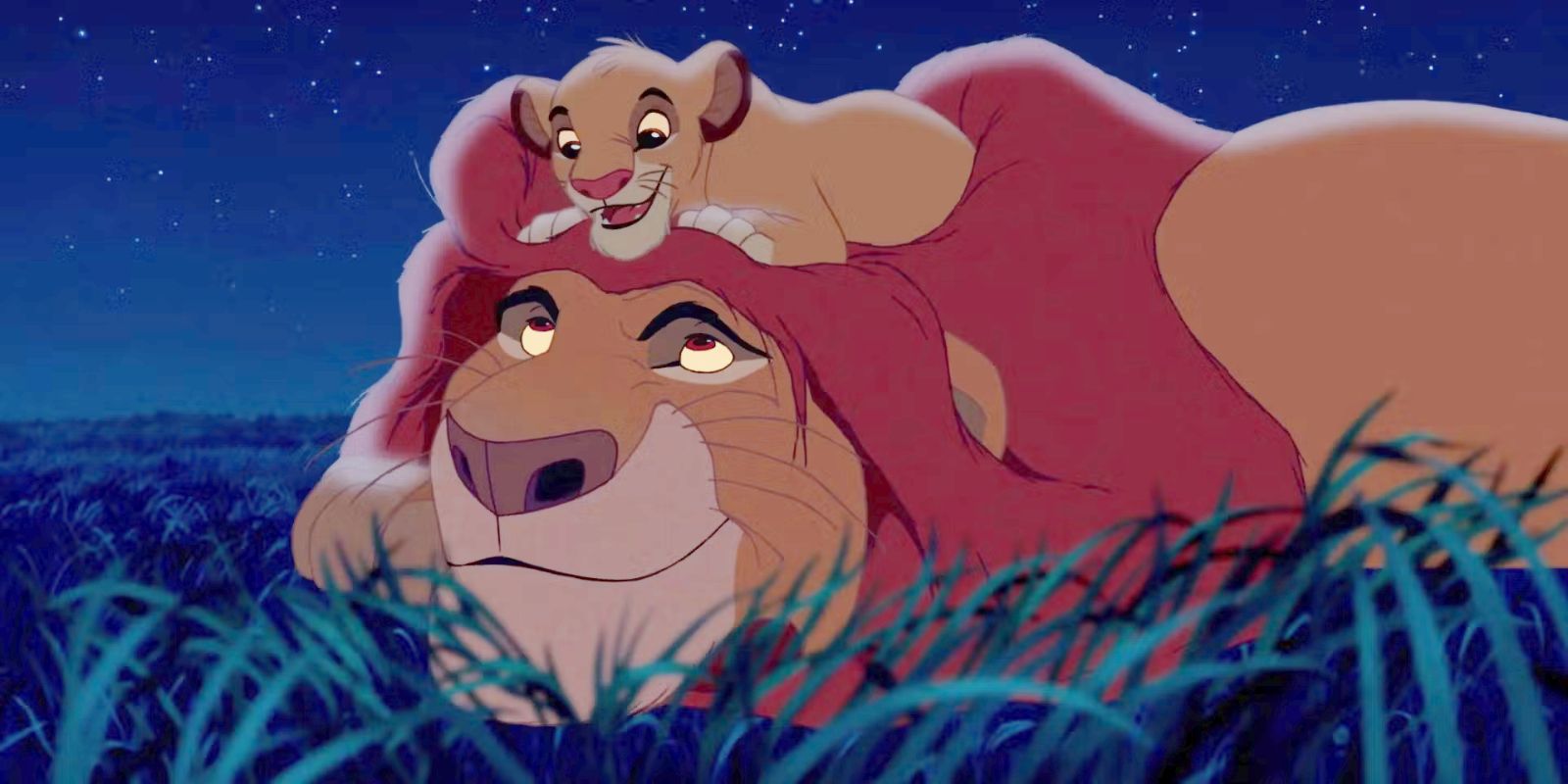 Simba sits on Mufasa's head in The Lion King