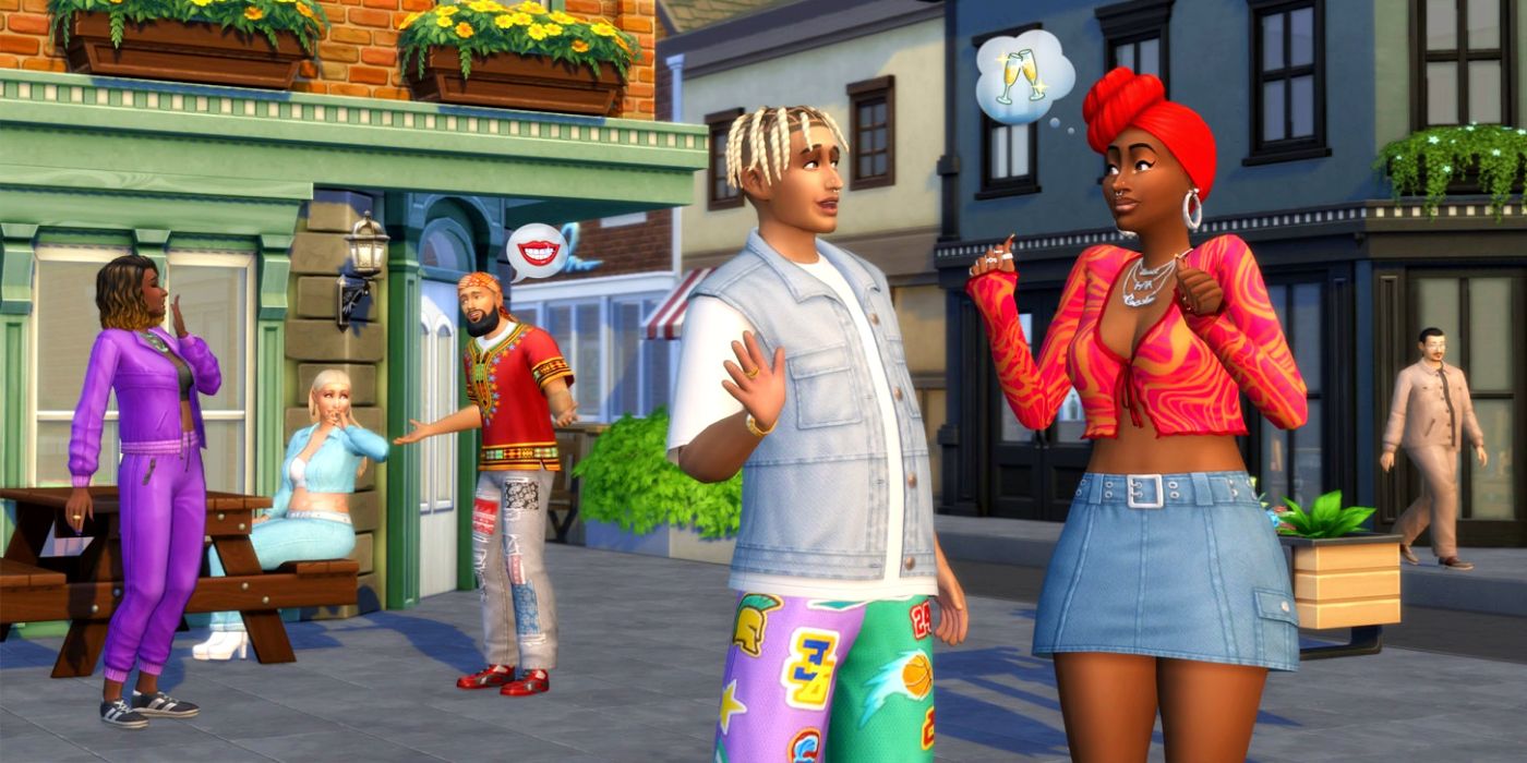 Two sims chatting on a sidewalk, with another group hanging out behind them.