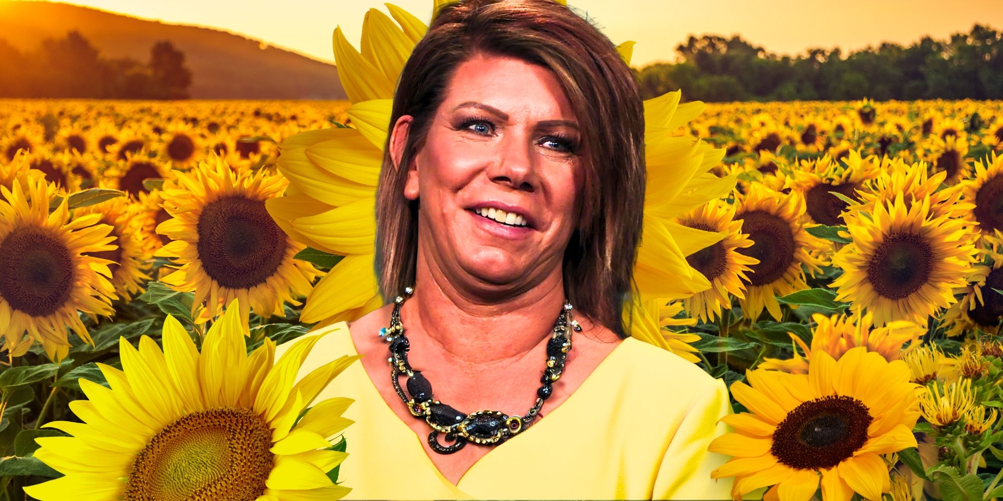 Sister Wives Meri Brown in yellow outfit smiling with field of sunflowers in background