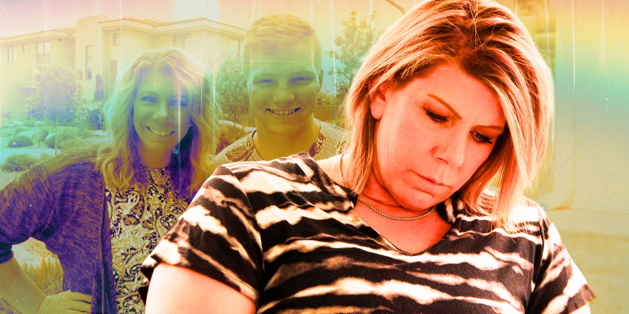 Montage of Sister Wives’ Meri Brown and Garrison Brown, with Meri in the foreground looking down, and two of them smiling in the background