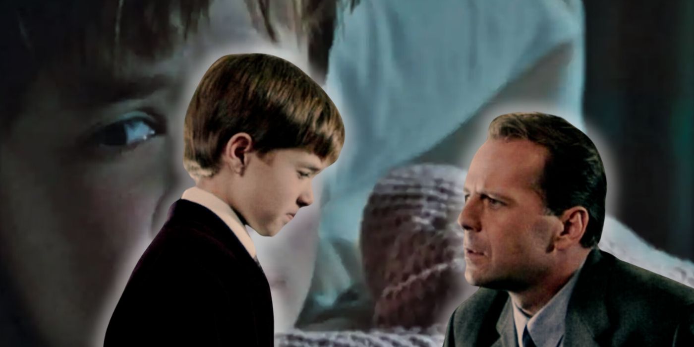 A composite image features Haley Joel Osment and Bruce Willis talking in The Sixth Sense over and image of Osment hiding under a blanket