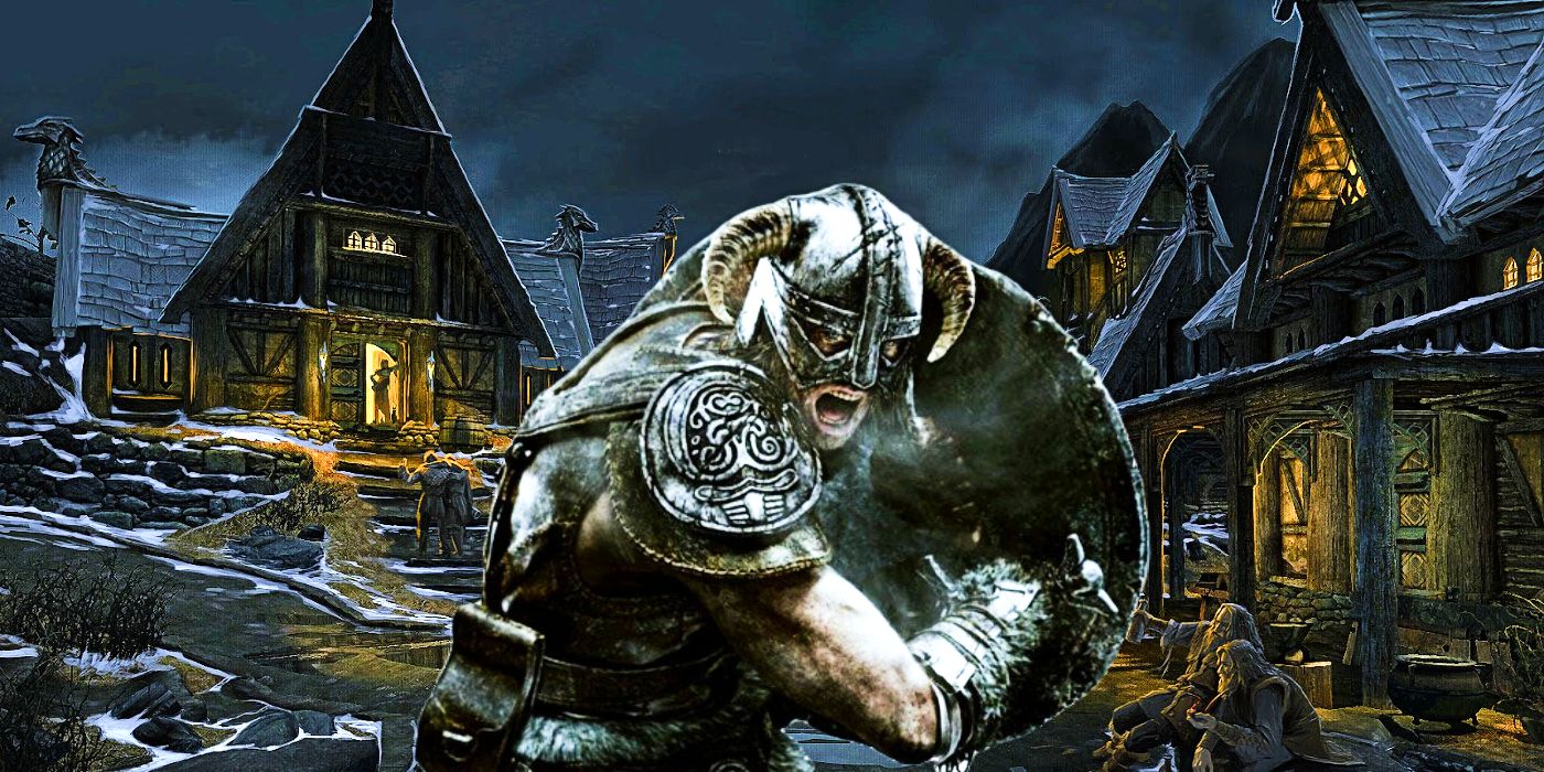 Skyrim Art of Whiterun at night with the default Dragonborn in front of it screaming.