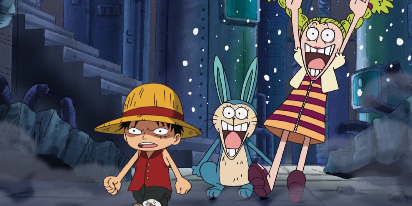 Small Luffy walking in front of chimney and gonbe
