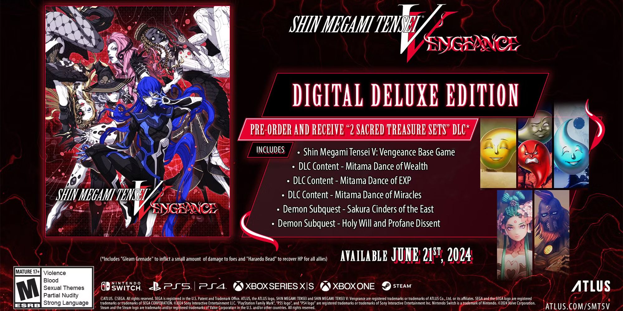 Um banner detalhando o conteúdo e o bônus de pré-encomenda do SMT 5 Vengeance Digital Deluxe Edition.