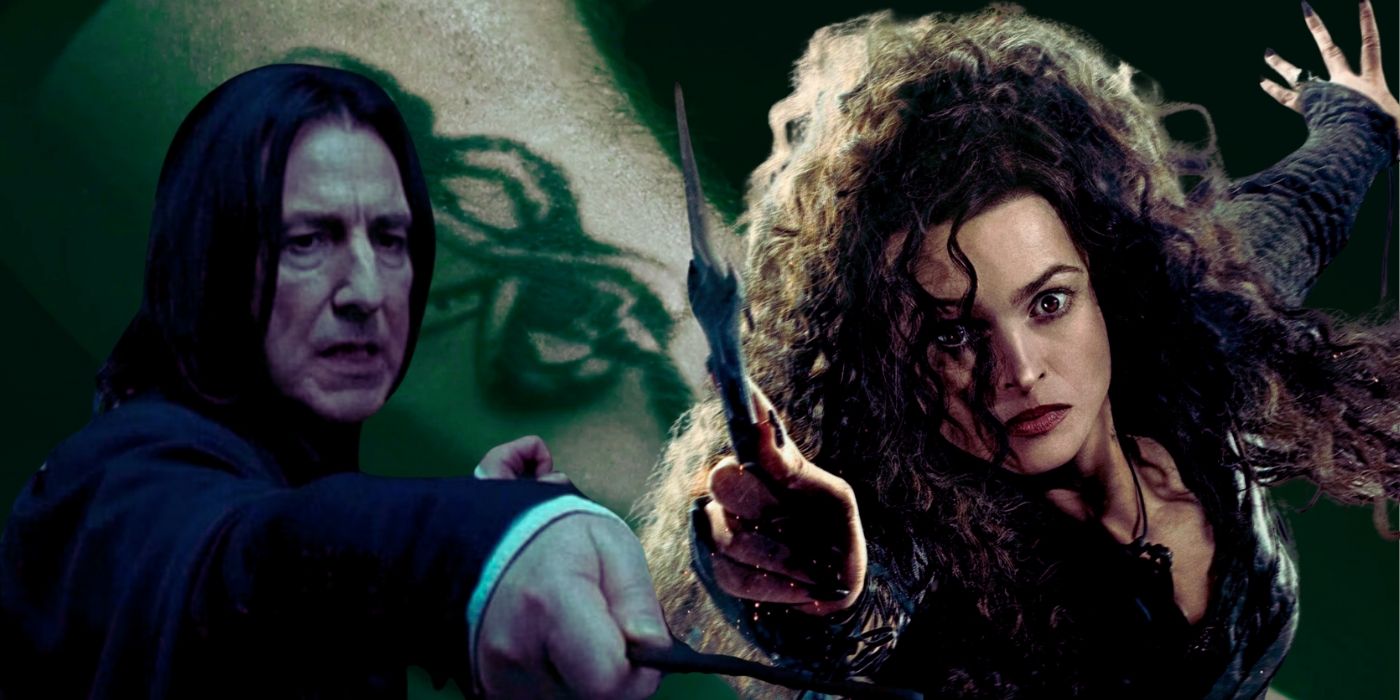 A composite image features Severus Snape and Bellatrix Lestrange using their wands over an image of the Death Eater Dark Mark in the Harry Potter movies