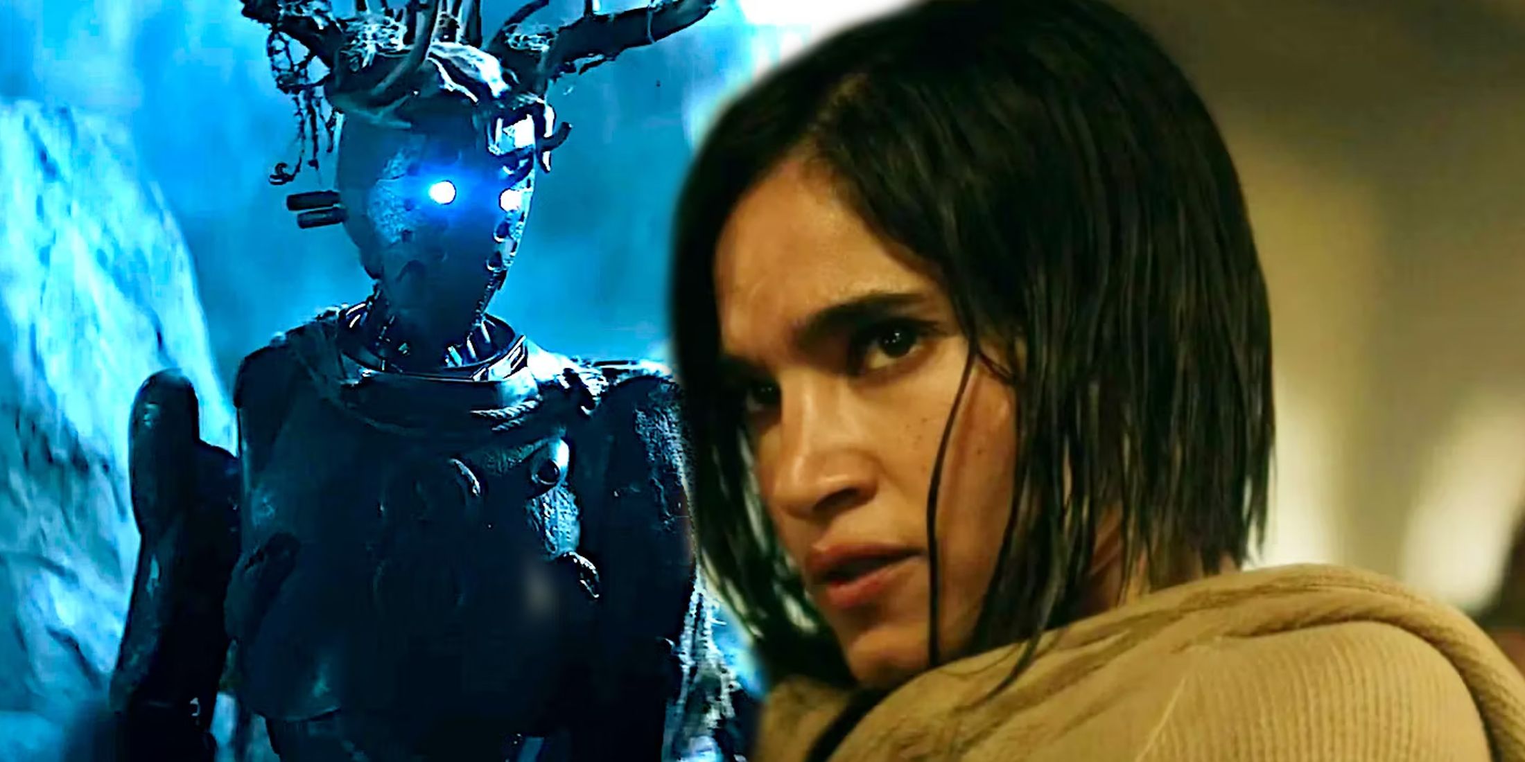 Jimmy the Robot voiced by Anthony Hopkins with glowing blue eyes next to Sofia Boutella as Kora looking angry in Rebel Moon