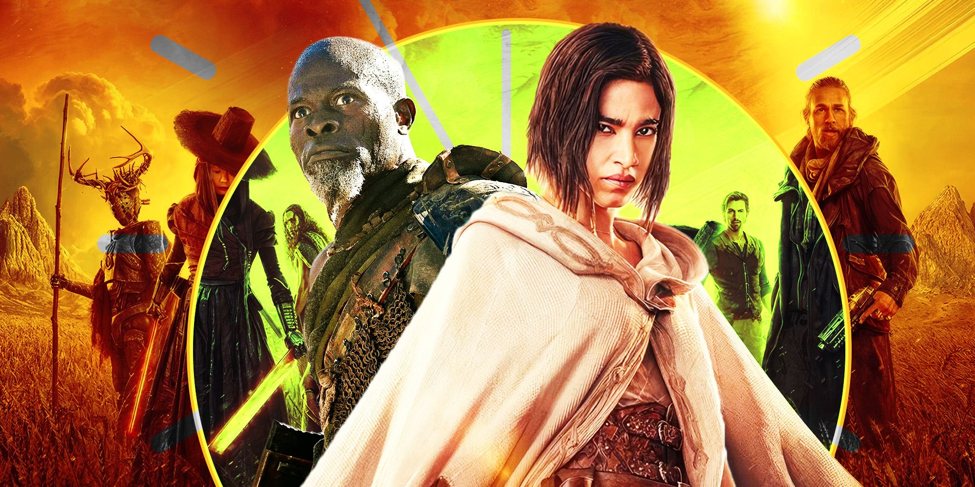 Sofia Boutella and Djimon Hounsou from Rebel Moon franchise with the remaining supporting cast in the background