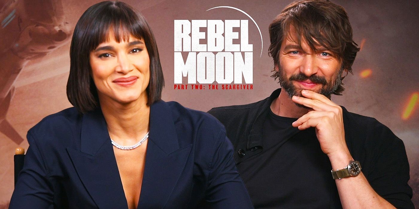 Edited image of Sofia Boutella & Michiel Huisman during Rebel Moon 2 interview