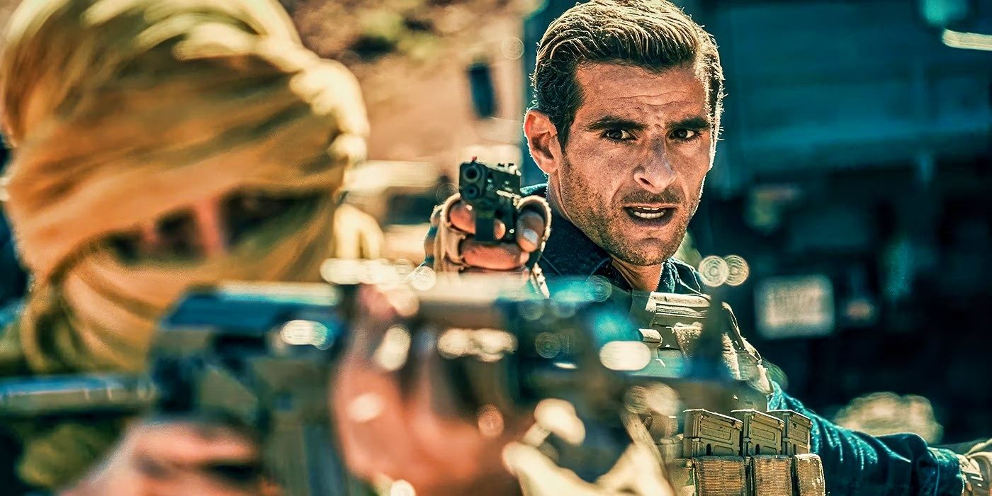 Sofiane Zermani as Gauthier holding a gun on a rebel in The Wages of Fear 2024