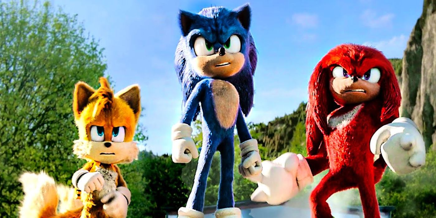 Sonic, Tails e Knuckles em uma pose heróica no final de Sonic the Hedgehog 2