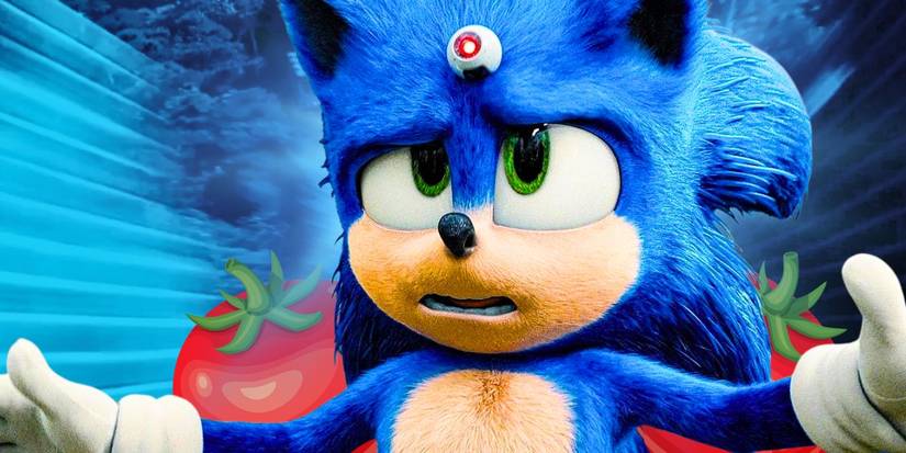 Sonic from Sonic the Hedgehog 3 in front of Rotten Tomatoes symbols