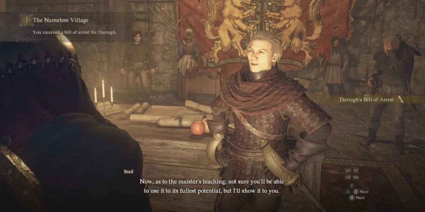 Jogador falando com Srail nas profundezas da vila sem nome em Dragon's Dogma 2.