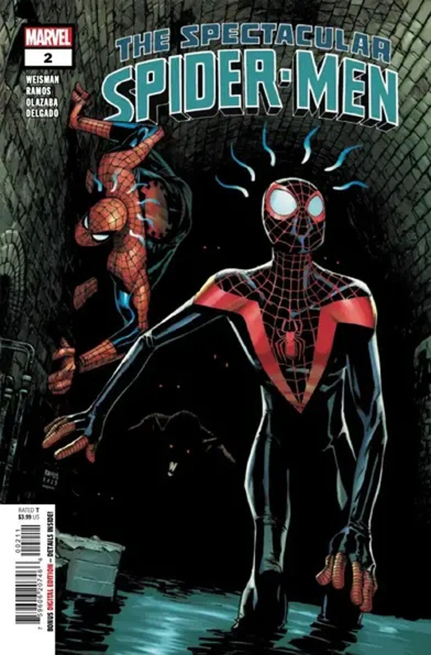 Capa de Spectacular Spider-Man #2, Miles e Peter nos esgotos, ambos os sentidos de aranha disparando.
