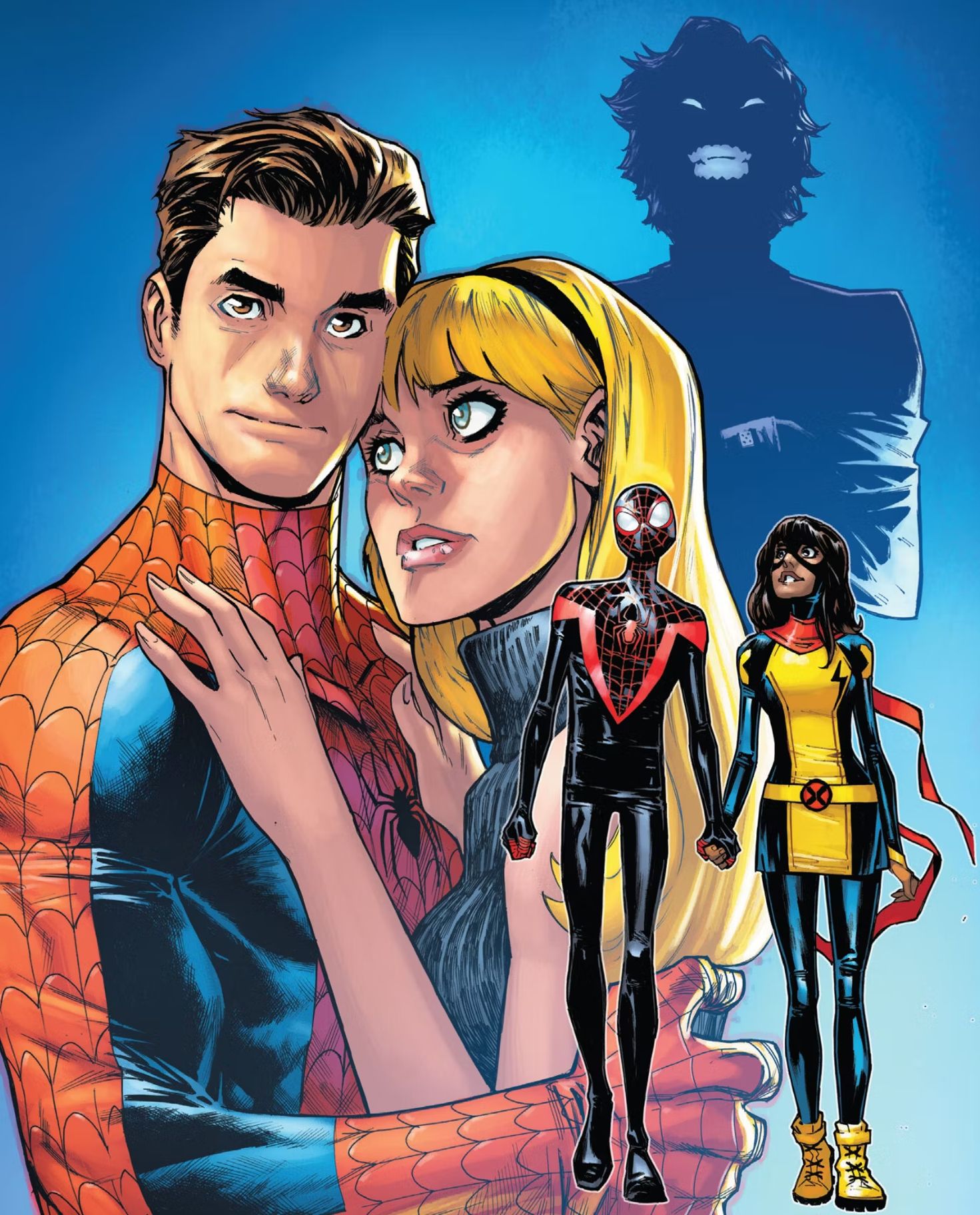 Imagem teaser no final de Spectacular Spider-Man #2, Peter segurando Gwen Stacy, Miles segurando a mão de Kamala Khan.