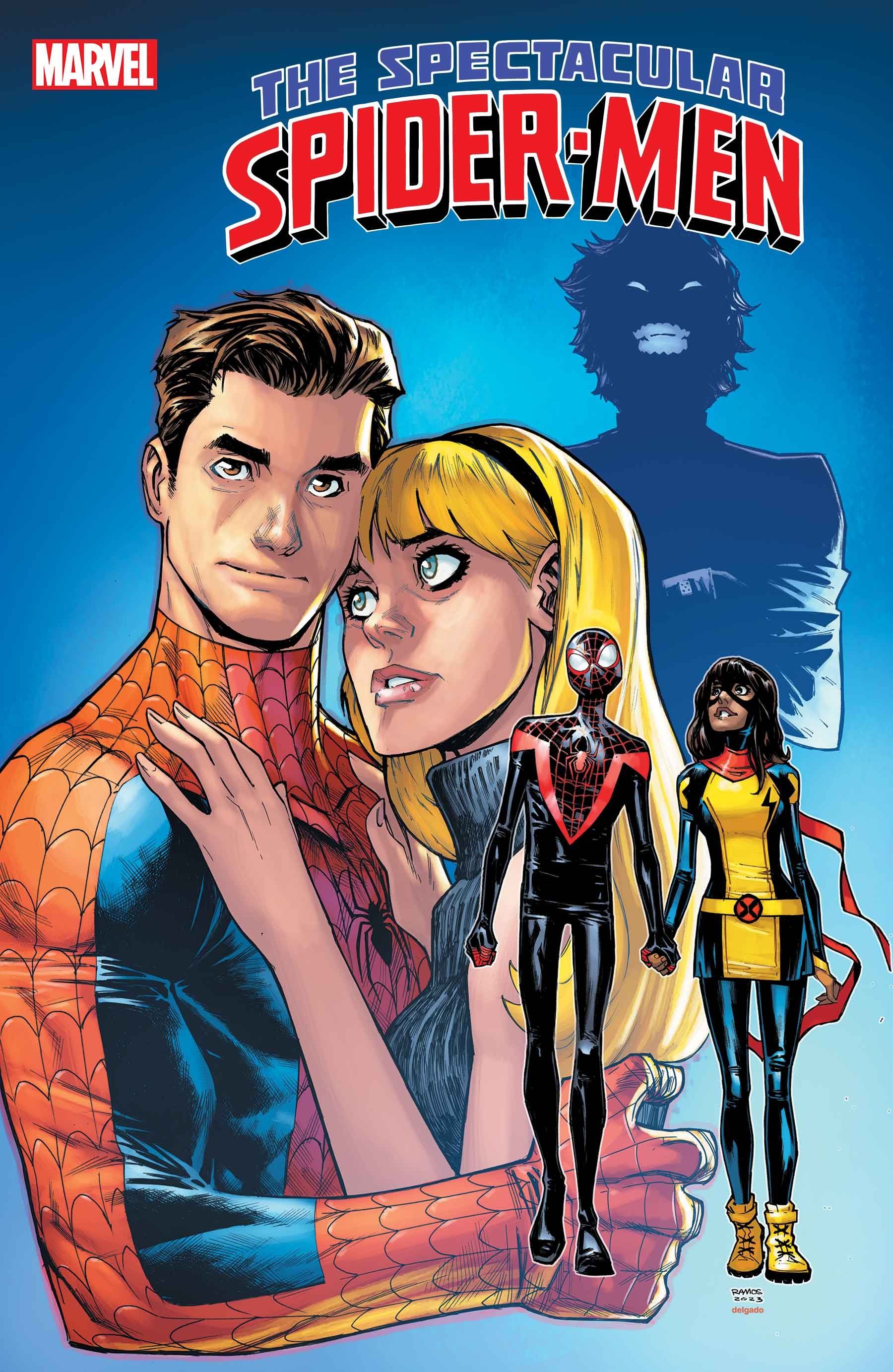 Spectacular Spider-Men #3 cover, Spider-Man holds Gwen Stacy; Miles and Kamala walk hand in hand.