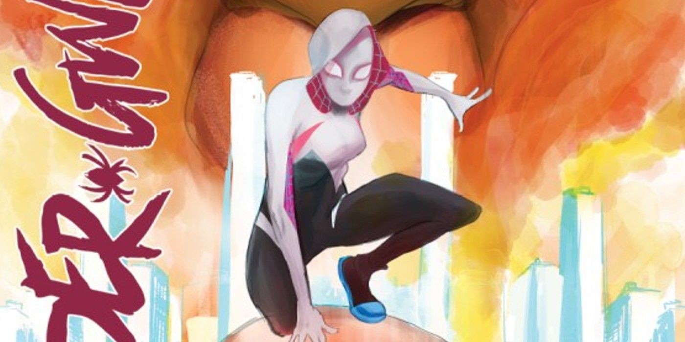 Spider-Gwen perched on a comic cover