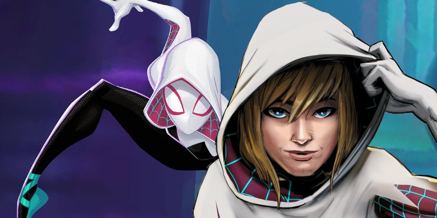 Gwen Stacy unmasked layered over a Spider-Verse image of Spider-Gwen