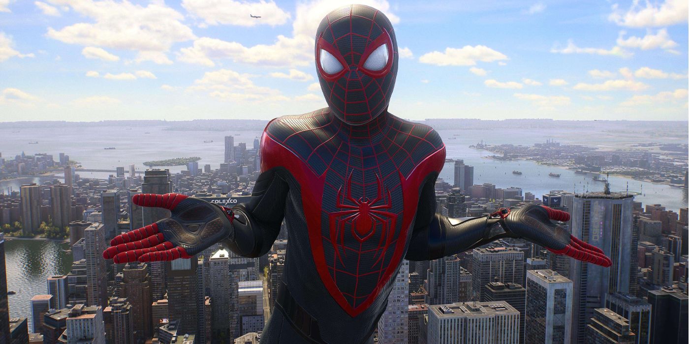 Miles Morales shrugging with New York City behind him