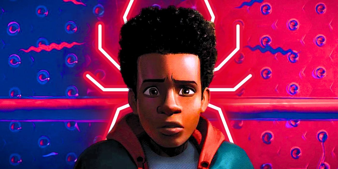 Spider-Man: Across the Spider-Verse shot of Miles Morales with a spider symbol
