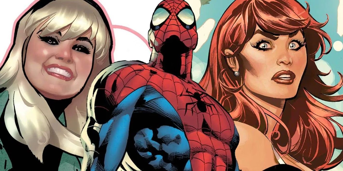 Gwen Stacy (left); Spider-Man (center); and Mary Jane Watson (right)