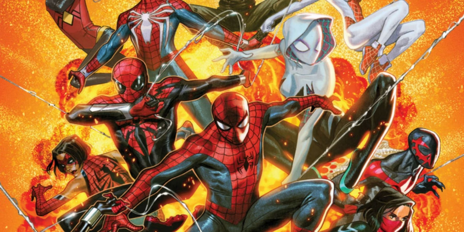 Multiple variants of Spider-characters, in many different costumes, lunging forward against a backdrop of flames.