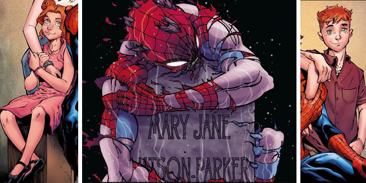 Spider-Man's children, May Parker (left) and Richard Parker (right), stand on either side of Spider-Man, in a torn costume.