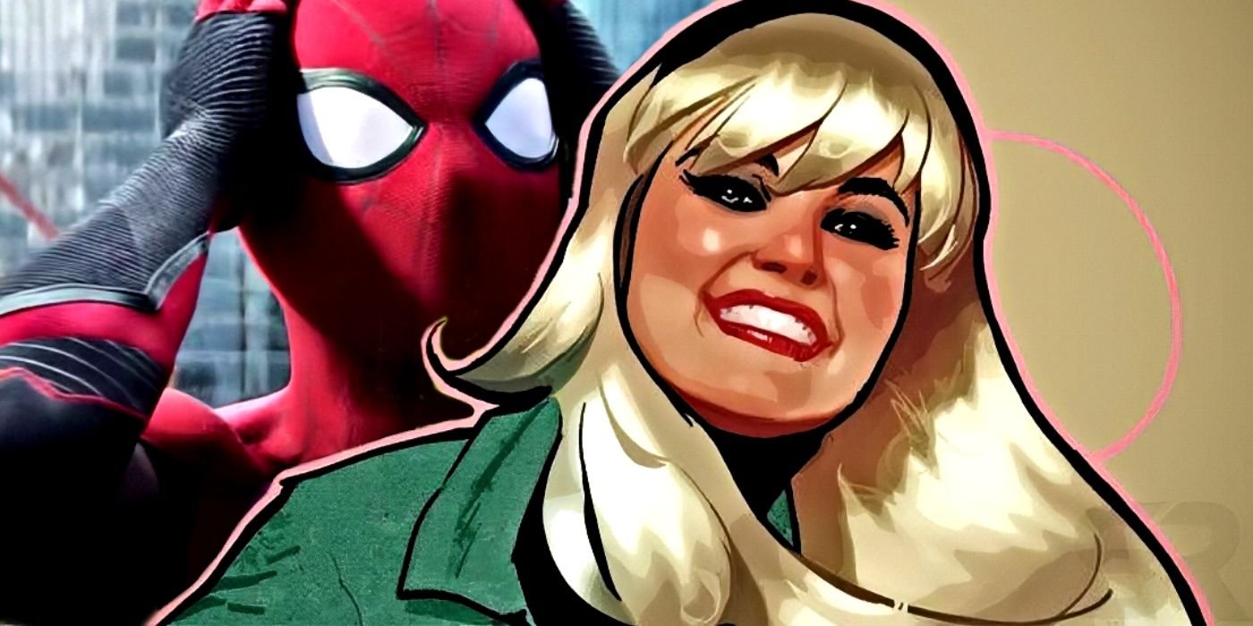 Spider-Man clutching his head in shock (left, background) with a smiling Gwen Stacy (right, foreground)