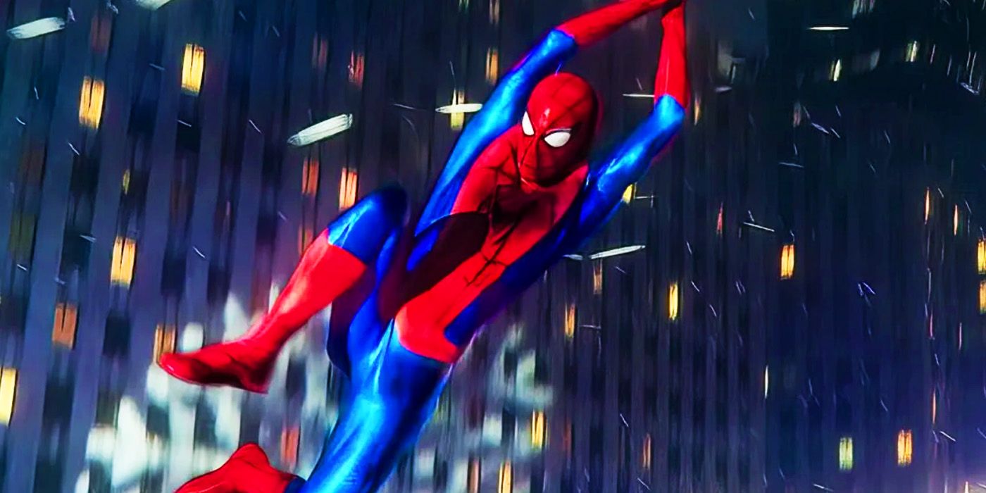 Spider-Man in his new suit swinging through New York in Spider-Man No Way Home