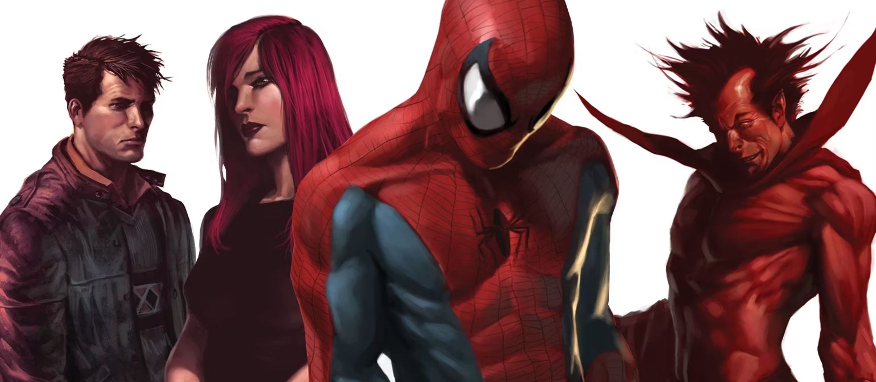 Da esquerda para a direita: Peter Parker, Mary Jane, Homem-Aranha e Mephisto, de "One More Day"