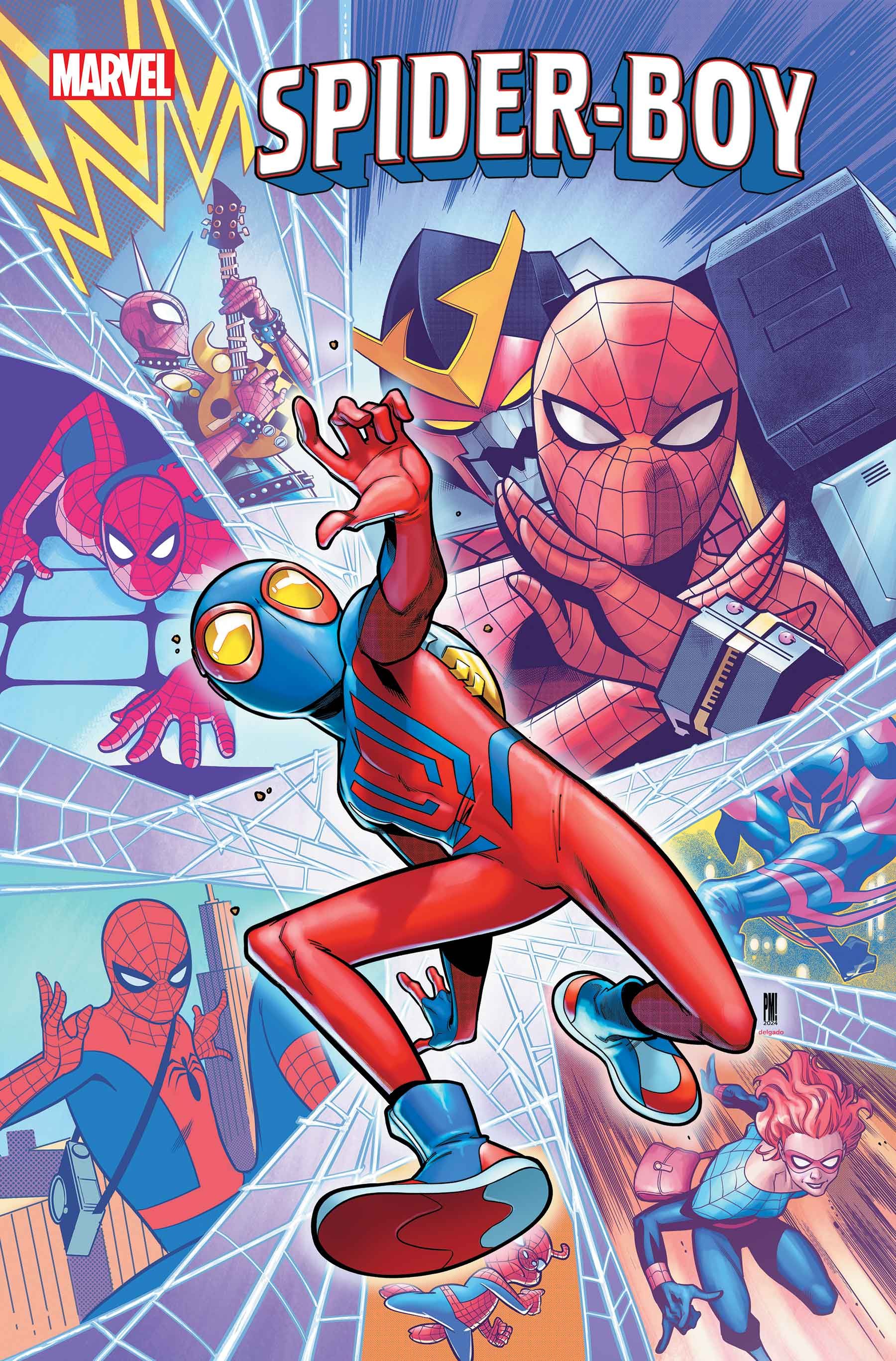 Capa do Spider-Boy #9, apresentando uma colagem de Spider-Heroes multiversais, enquanto o Spider-Boy entra em ação.
