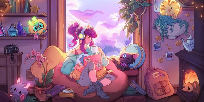 Spirit City Lofi Sessions Key Art showing a girl with pink hair on a beanbag chair working on a laptop surrounded by spirits.