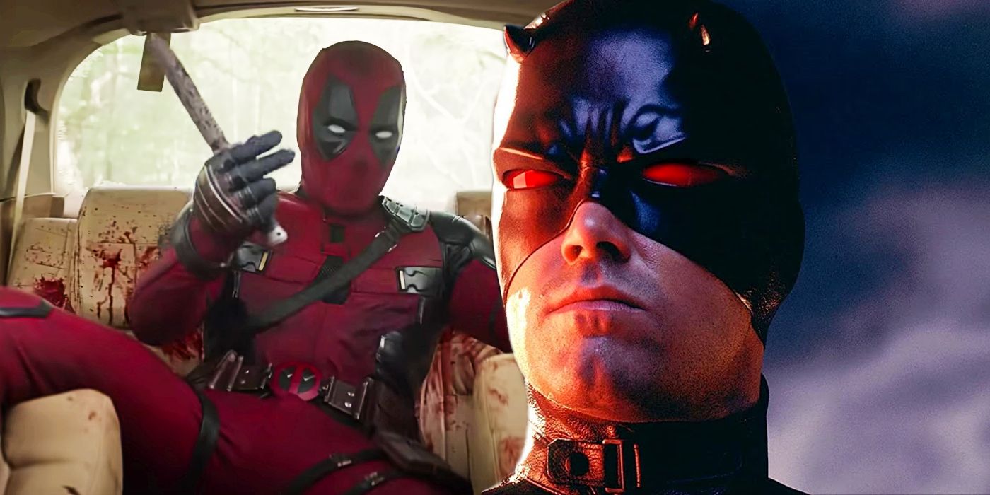 Split image of Deadpool in a car and a close up of Ben Affleck's face in Daredevil
