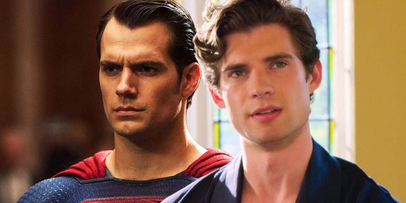 Split image of Cavill's superman looking serious and David Coresnwet in front of a window