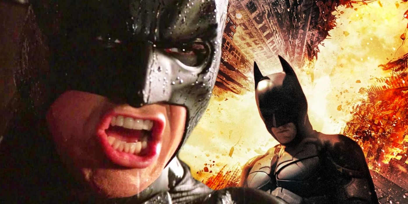 Split image of Christian Bale's Batman shouting and The Dark Knight poster image