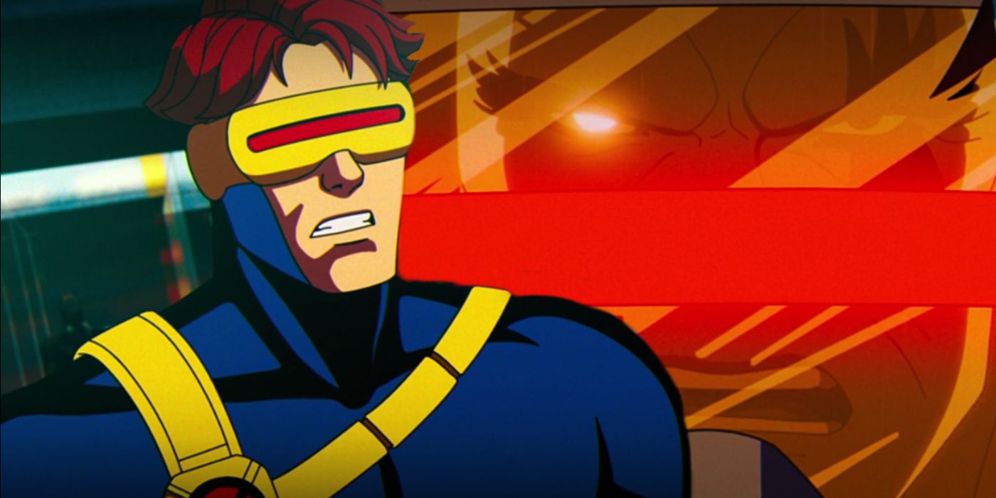 Split image of Cyclops looking tense and Cable reflected in Cyclops' visor in X-Men 97