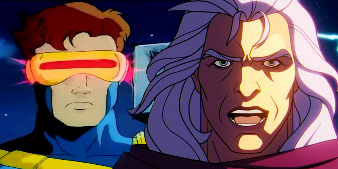 Split image of Cyclops with his visor on in X-Men The Animated Series (1997) on the left, Magneto confronting the UN in X-Men '97 (2024) on the right