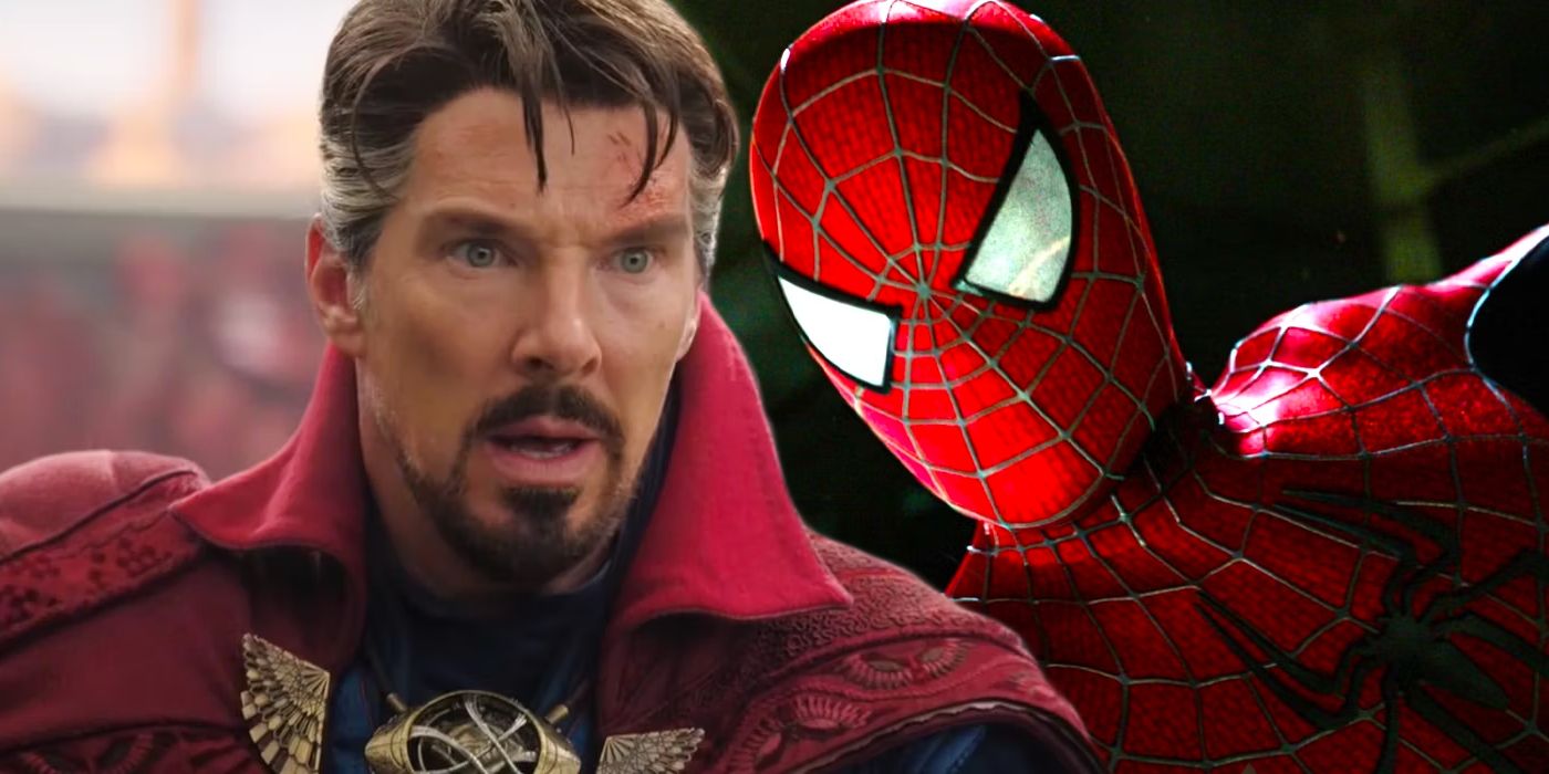Split image of Doctor Strange looking shocked and Spider-Man clinging onto a wall