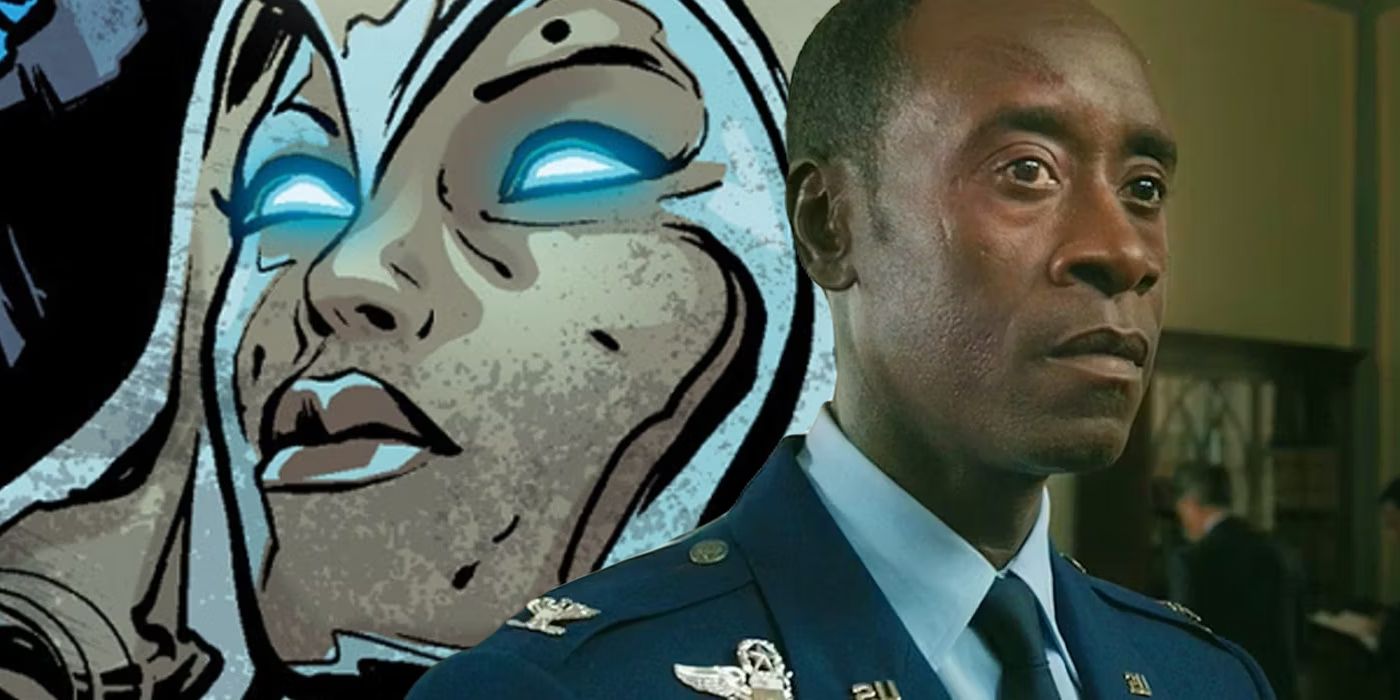 Split image of Jocasta from Marvel Comics and James Rhodes in uniform in the MCU
